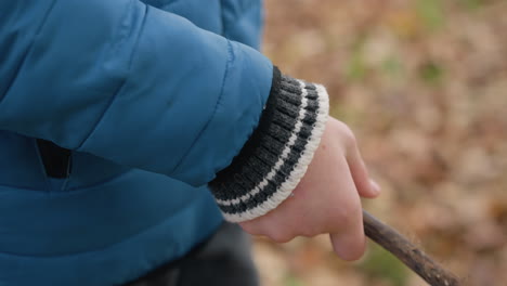 primer plano de la mano del niño sosteniendo y girando un palo seco mientras lleva una chaqueta azul y un puño de suéter a rayas, con un fondo borroso de follaje de otoño