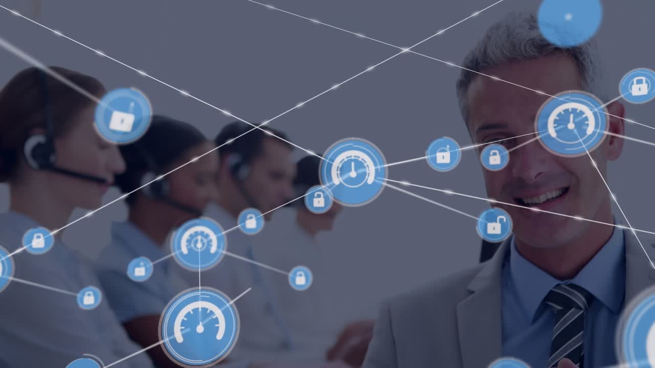 Animation of network of digital icons against caucasian senior male businessman smiling at office