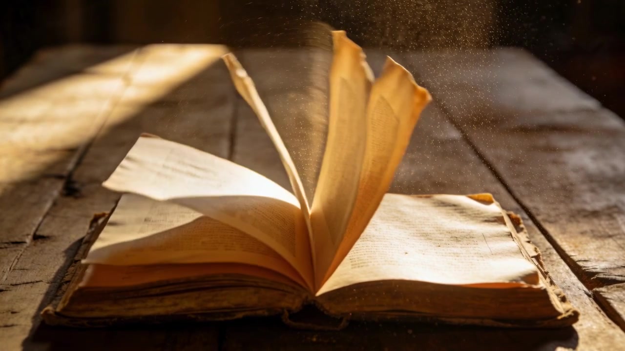 Pagine svolazzanti di un libro antico aperto che si sollevano e si girano su un tavolo di legno per una piccola folata, con pulviscolo.