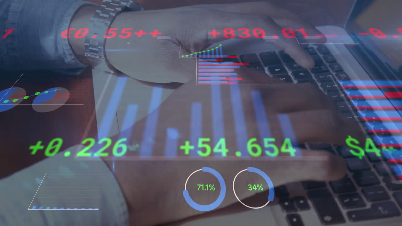 animación del procesamiento de estadísticas sobre un empresario que usa una computadora portátil