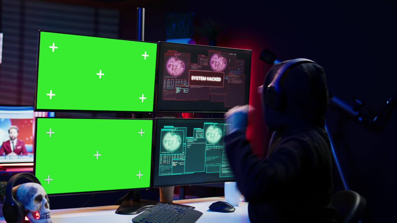 즐거운 해커가 모형 컴퓨터를 사용하여 방화벽을 은 후 자부심을 느습니다.