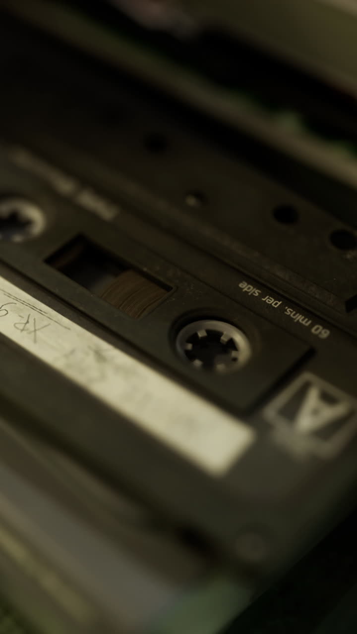 Vecchia cassetta a nastro posata su un lettore audio vintage in una stanza in penombra