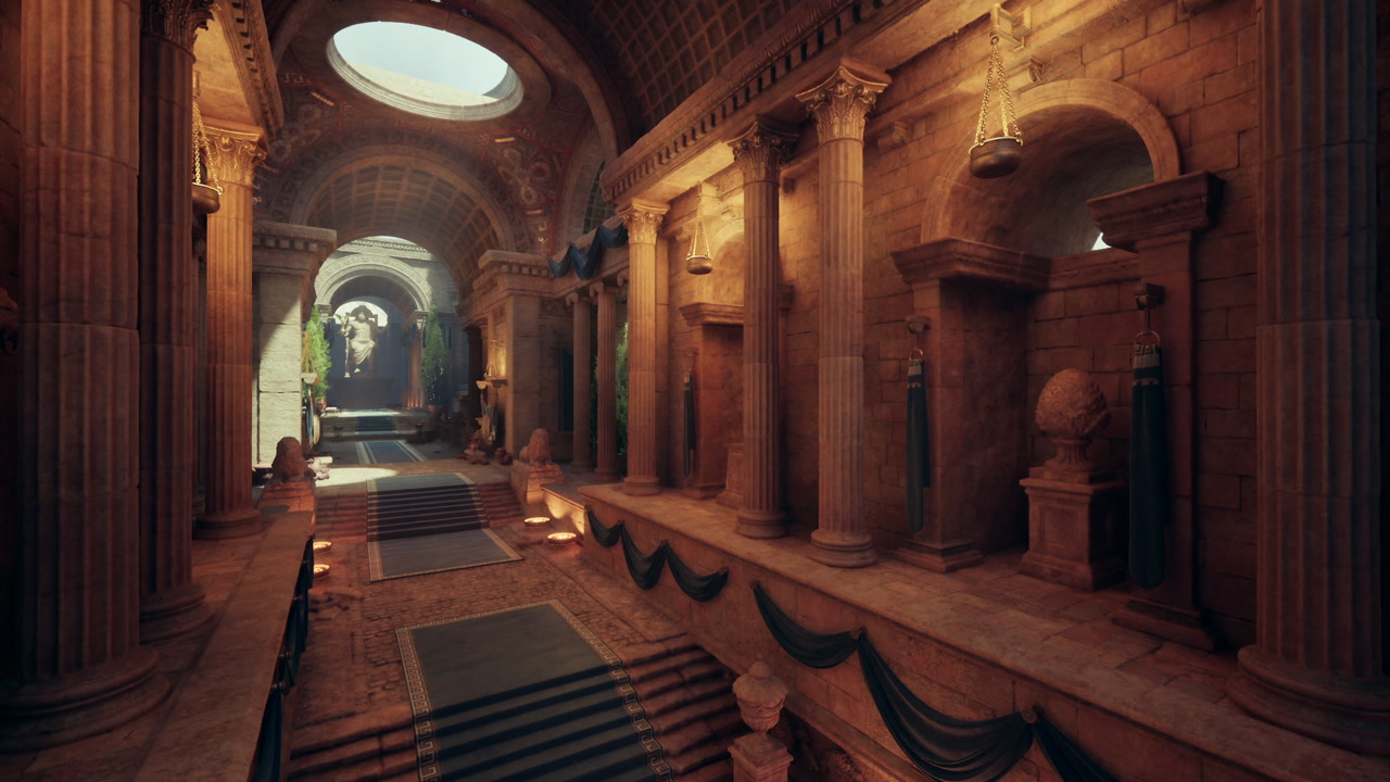 Timeworn marble hall illuminated by warm amber lighting atmosphere