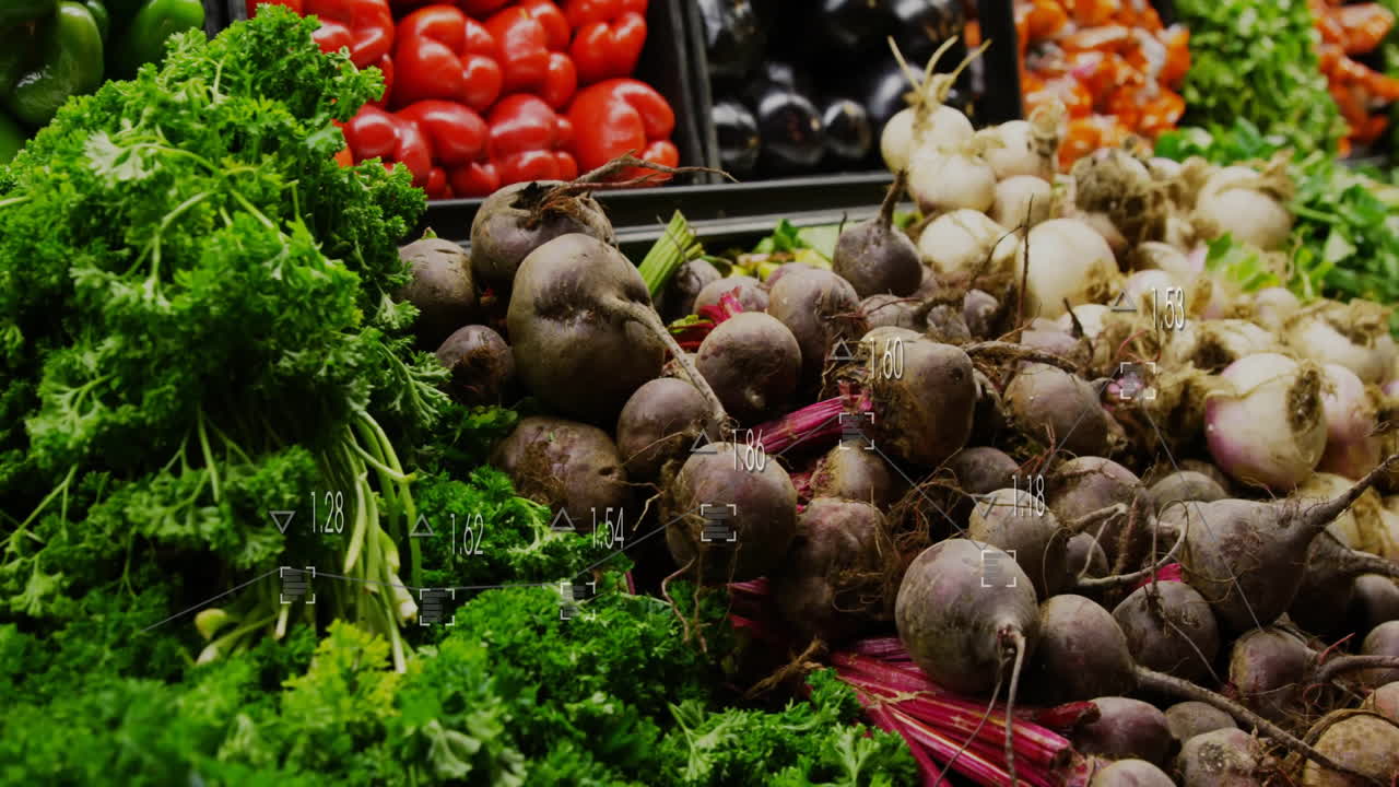 Fresh vegetables like beets, kale, tomatoes with data processing animation overlaying