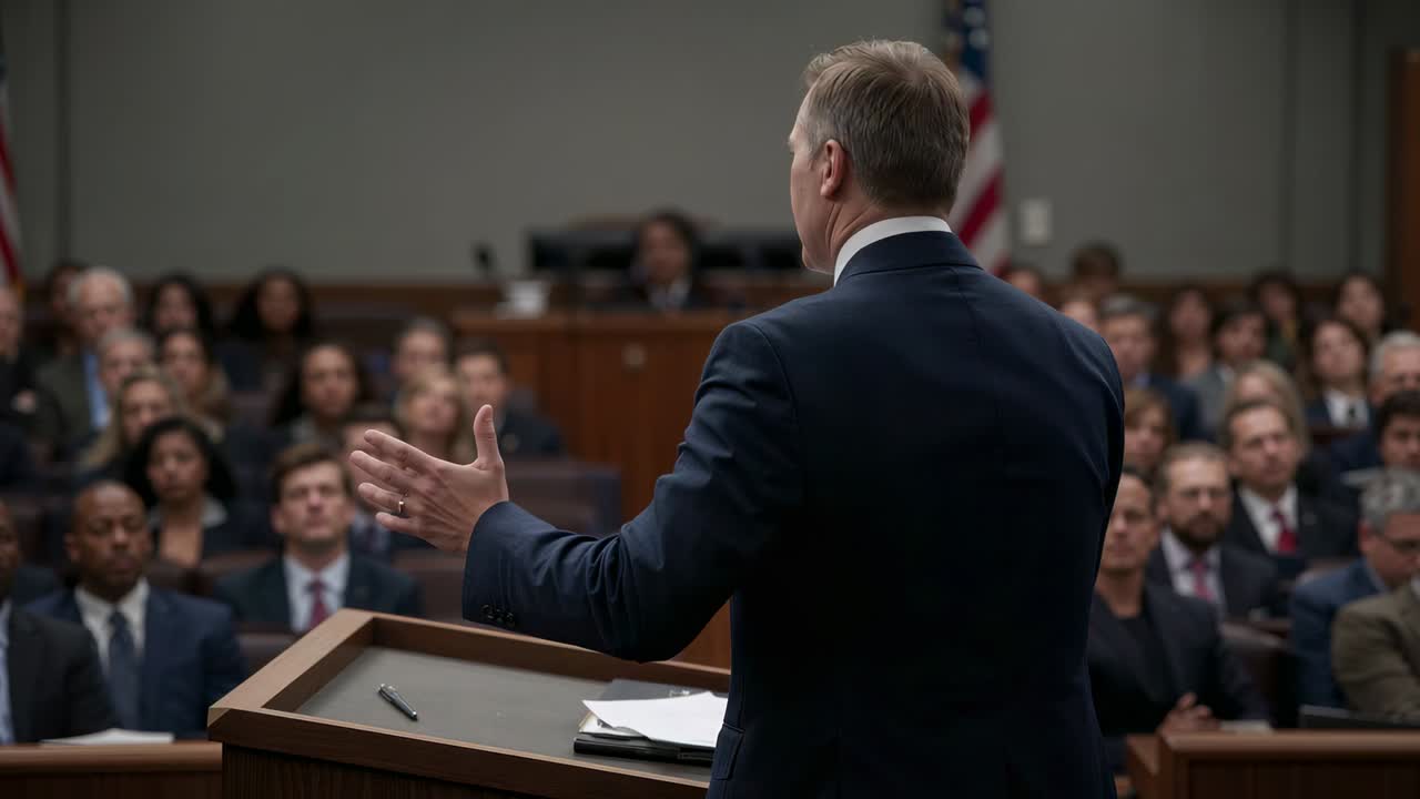 Raising hand, attorney in navy suit gesturing and consulting notes at court lectern, emphasizing