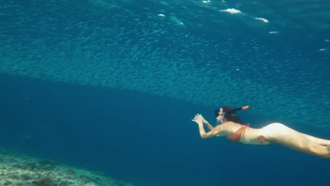 Underwater-shot-as-a-beautiful-young-woman-in-bikinis-swimming-through-a-school-of-small-fishes