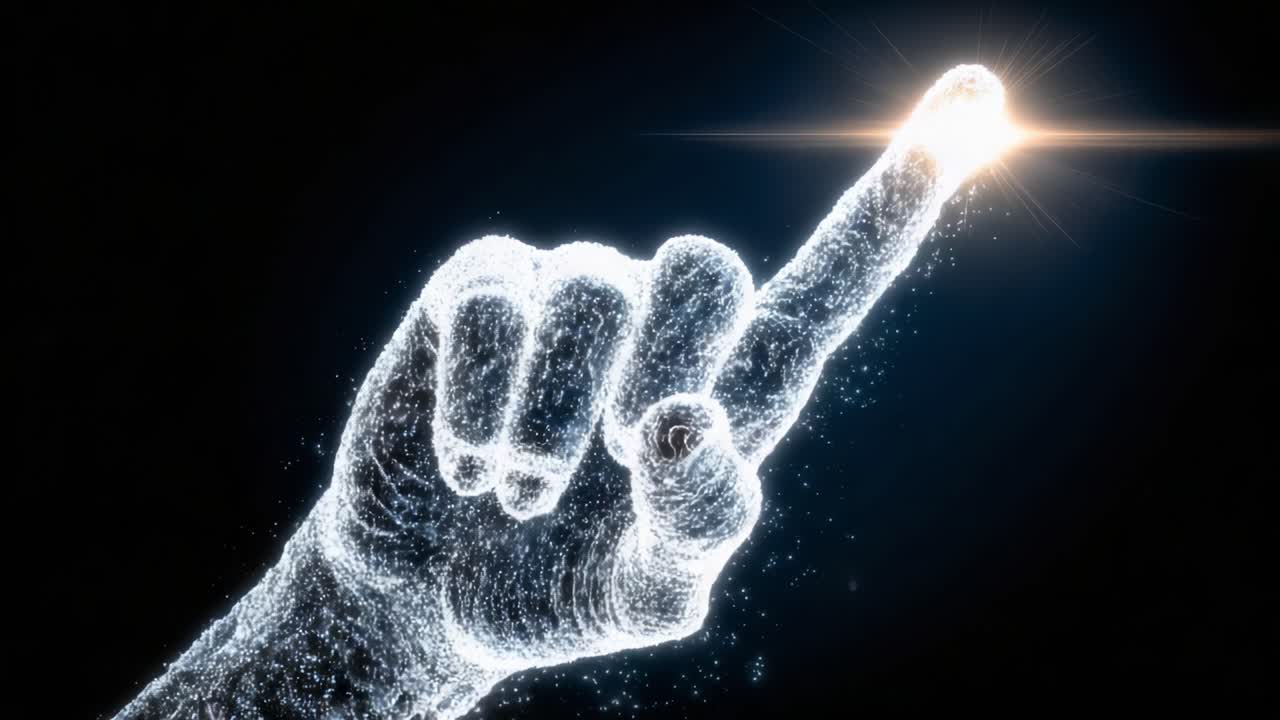 Un Magnifico Dito Luminoso Punta Verso la Luce, Illuminando un Universo Digitale Astratto con Immagini Sbalorditive e Particelle Scintillanti.