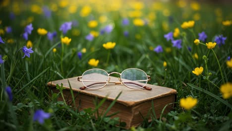a serene reading moment in nature: a pair of vintage glasses resting on an open book surrounded by colorful wildflowers in a sunny meadow
