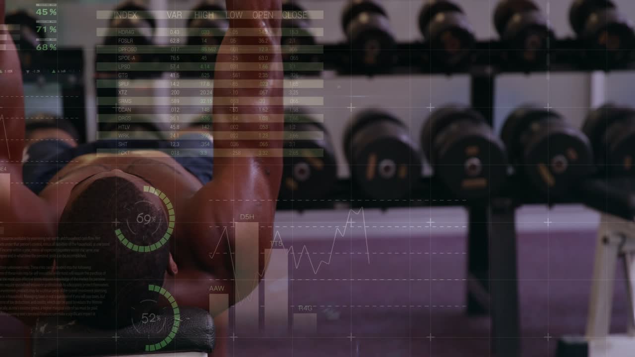 Man initiating set by raising dumbbell and doing press or fly on bench, fitness HUD tracking metrics