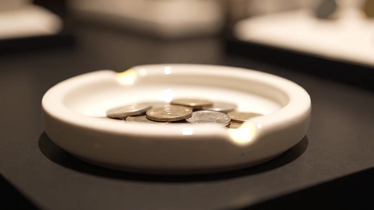 A Close-Up View of a White Ashtray Filled with Coins on a Dark Surface Highlighting the Distinctive Shapes and Textures of Each Coin
