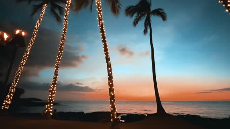 una colorida puesta de sol hawaiana con luces navideñas decorativas en las palmeras en primer plano - panorama