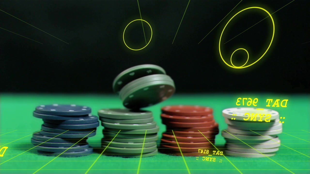 Stacks on green felt grid, neon HUD tracking green chip launching, tumbling, restacking for gaming