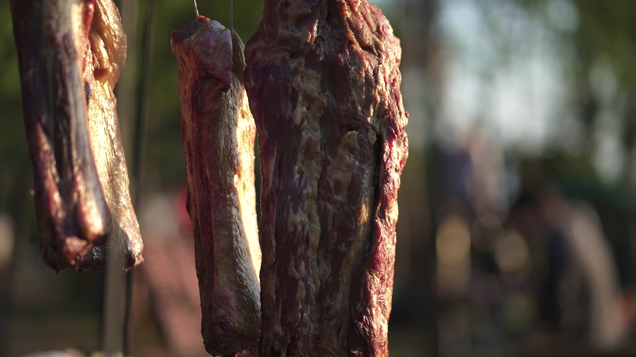Diversi tagli di carne condita appesi all'aperto, pronti per la grigliata su un barbecue, rallentatore, primissimo piano, con sfondo sfocato