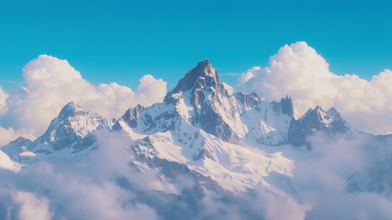Camera pushing in tilting upward revealing snowy mountain peak above sea of clouds