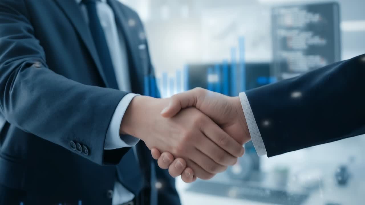 Shaking hands two business partners conveying data agreement in office, with fading in bar charts