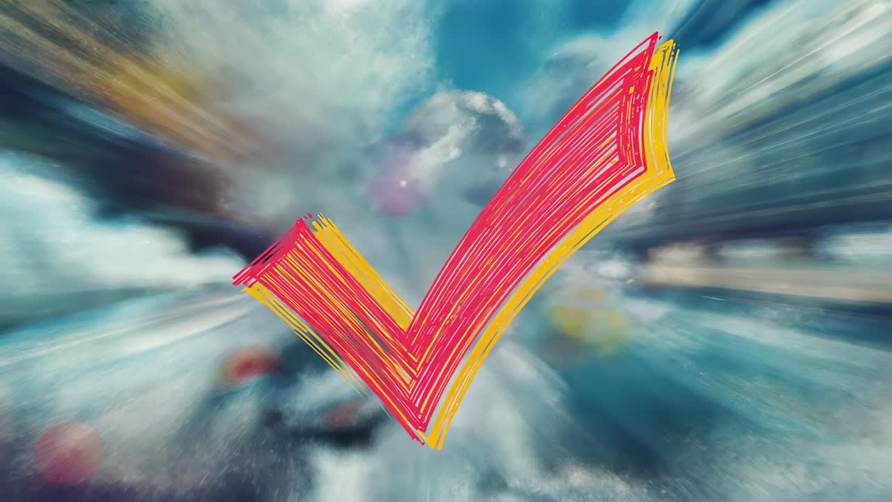 Bursting light making drawn red check mark appearing over sky, showing approval as streaks easing