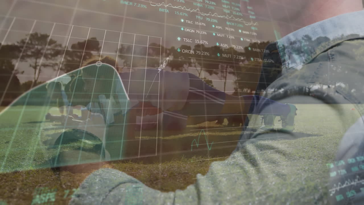 Financial data processing animation over people exercising outdoors on grass