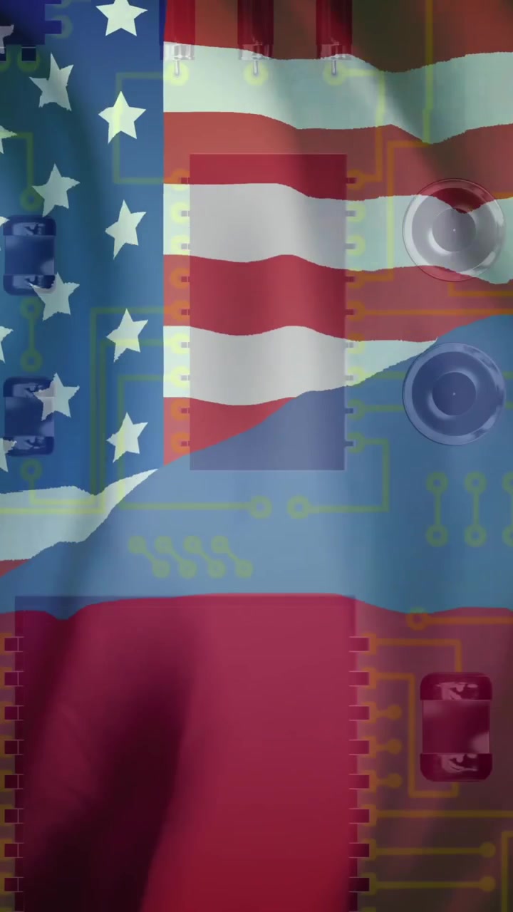 Animação de placa de circuito sobre a bandeira da Rússia e dos Estados Unidos da América