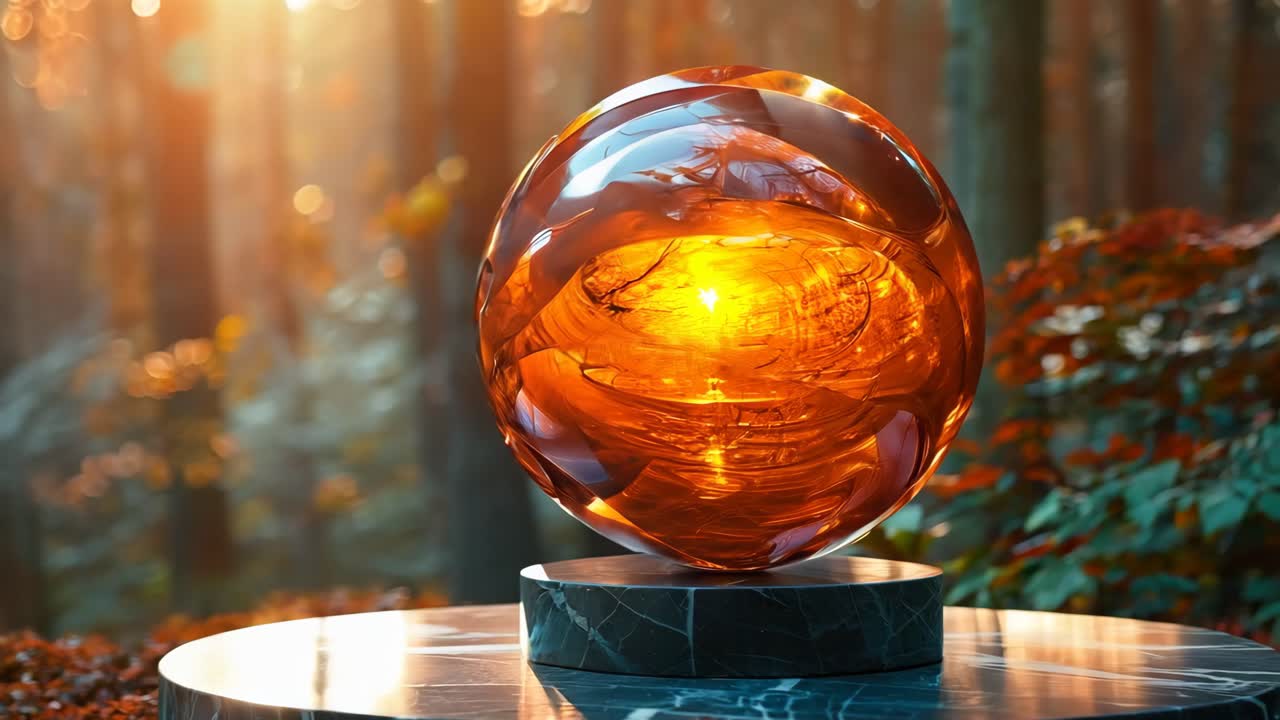 A large, orange, glass sphere sits on a marble table. The sphere is surrounded by a forest of green leaves and branches. The scene is serene and peaceful, with the sun shining through the leaves