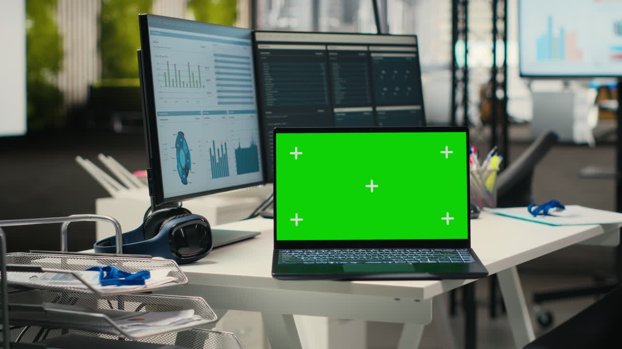 Modern empty office displays green screen on laptop at desk