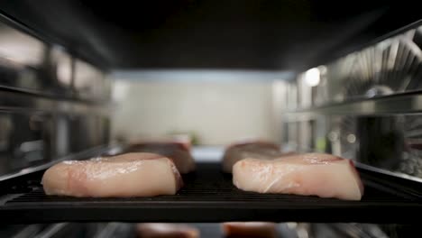 primer plano de filetes de pescado crudo en un transportador en movimiento dentro de un horno de procesamiento de alimentos