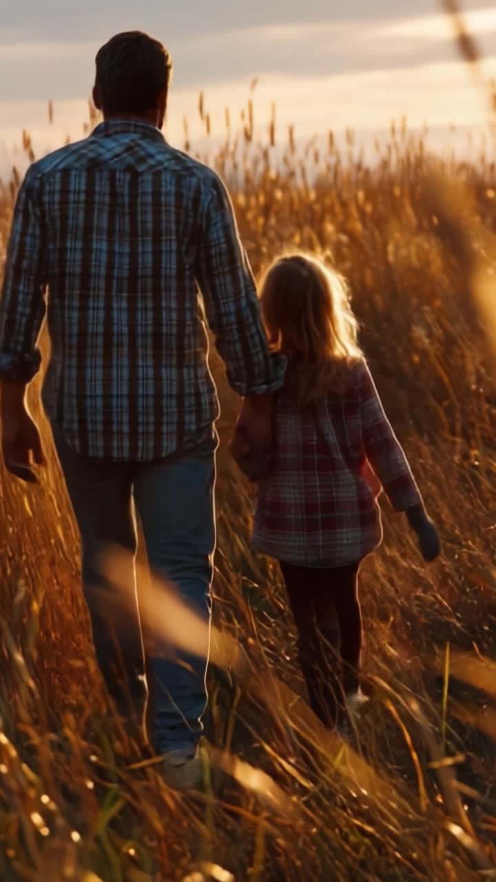 Un Emozionante Viaggio Attraverso Campi Dorati: Il Legame tra Padre e Figlia Mentre Camminano Mano nella Mano nel Caldo Bagliore di un Tramonto Sereno.