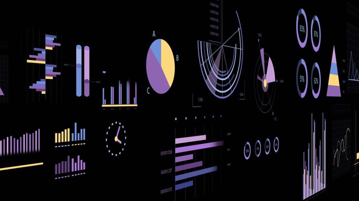 Animation of statistics and financial data processing over black background