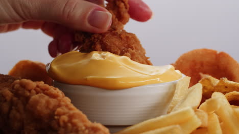 hand dipping fried chicken tenders and fries in cheese sauce