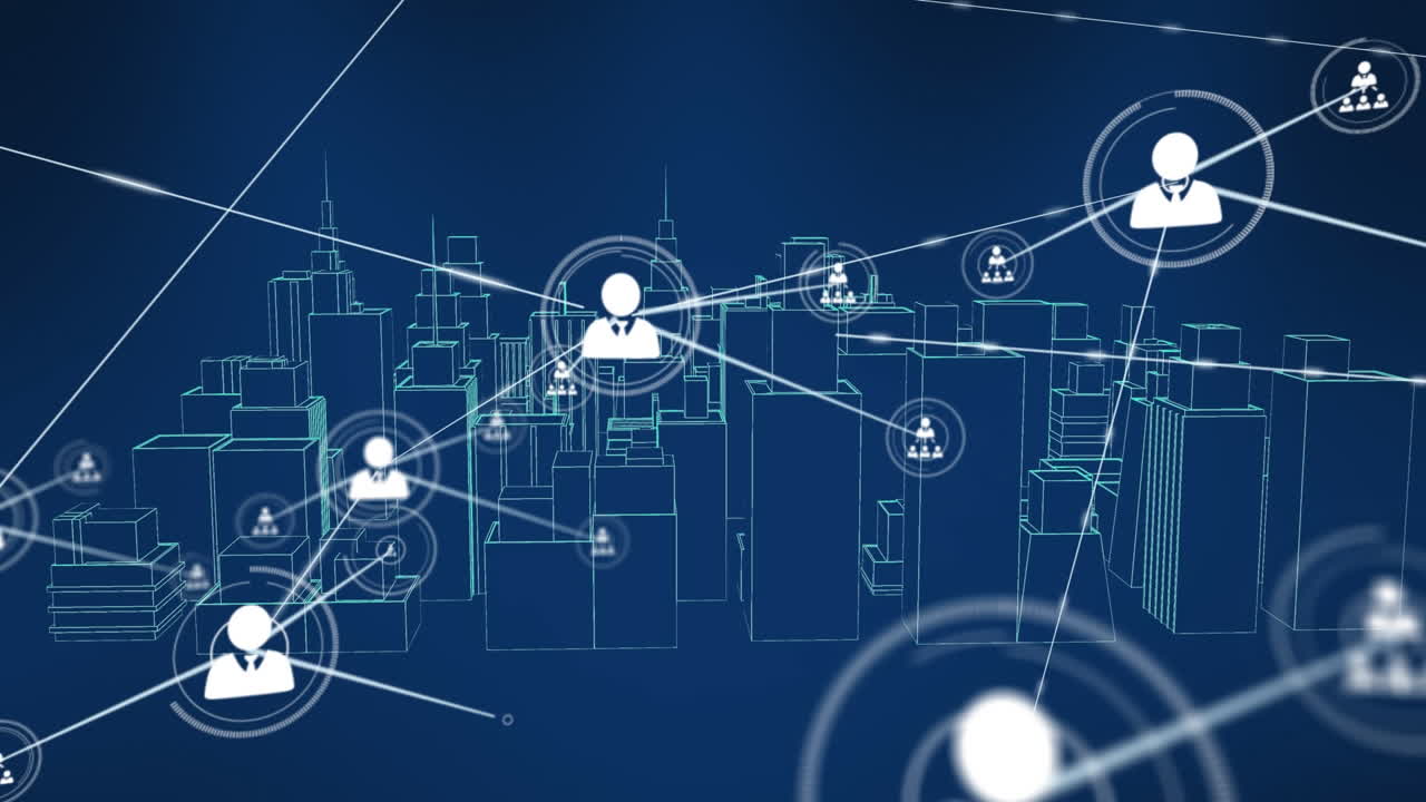 Animation of network of connections over metaverse cityscape on dark blue background