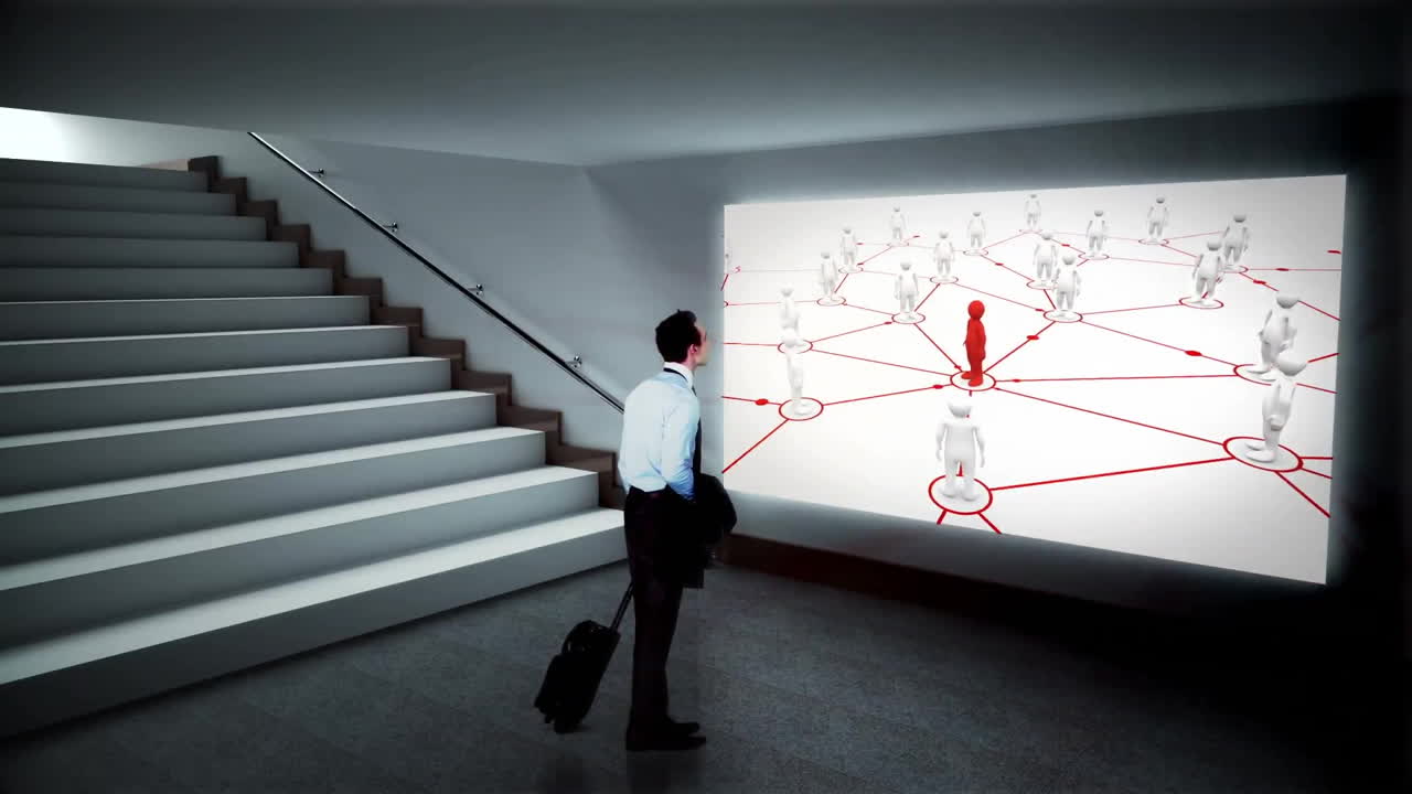 사무실에서 디지털 스크린을 보는 백인 사업가의 애니메이션