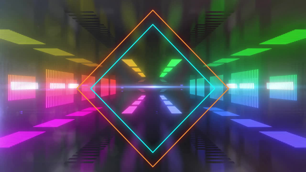 Animazione di quadrati neon su sagome neon colorate