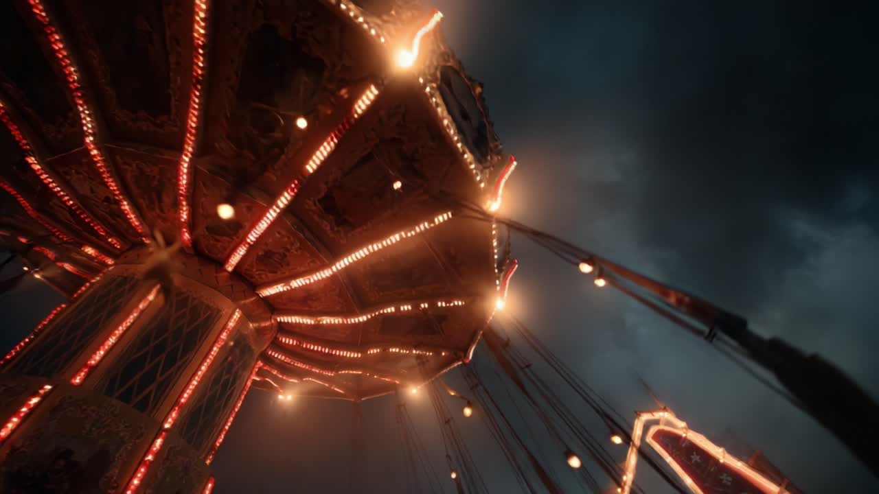 Captivating Nighttime Carnival Scene Featuring a Majestic Swing Ride Lit by Vibrant Lights Against a Dramatic Cloudy Sky