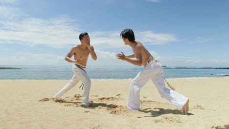 two men dancing capoeira on the beach