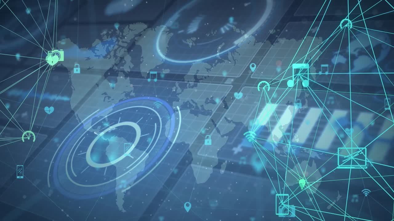 세계 지도와 처리 원 위의 연결 네트워크의 애니메이션