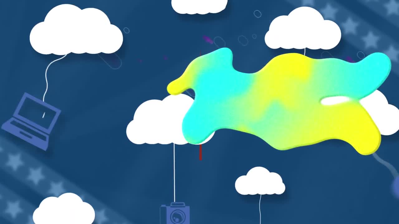 Animation av glödande blobbar över digitala moln med elektroniska enheter