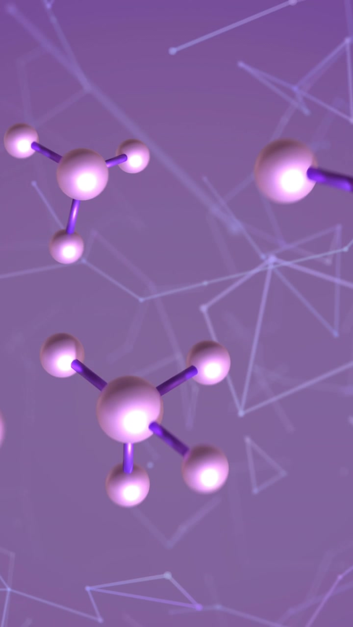 Animazione di molecole e rete di connessioni su sfondo viola