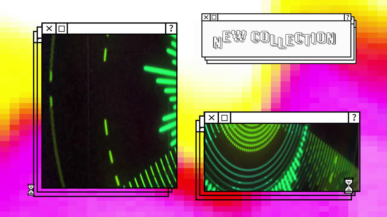 Animation of colourful shapes moving over new collection text