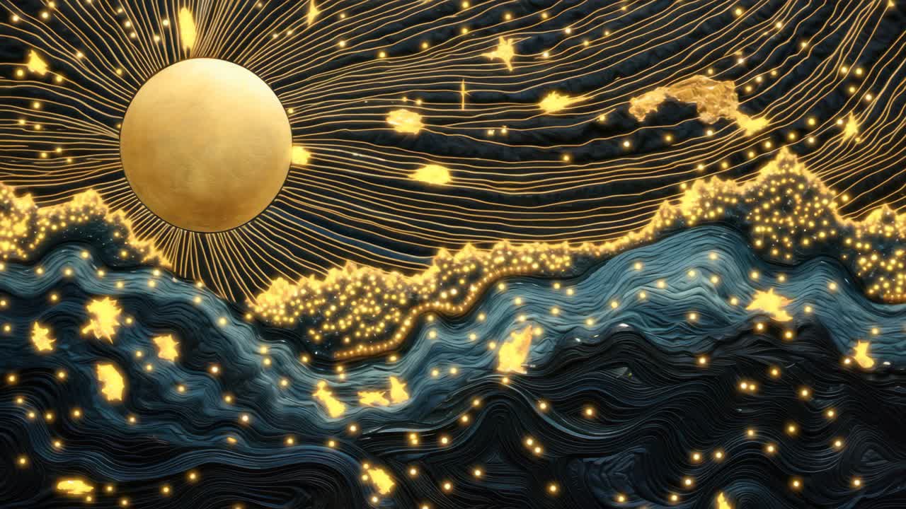 Aerial view of a textured, abstract landscape with a golden sun and flowing lines