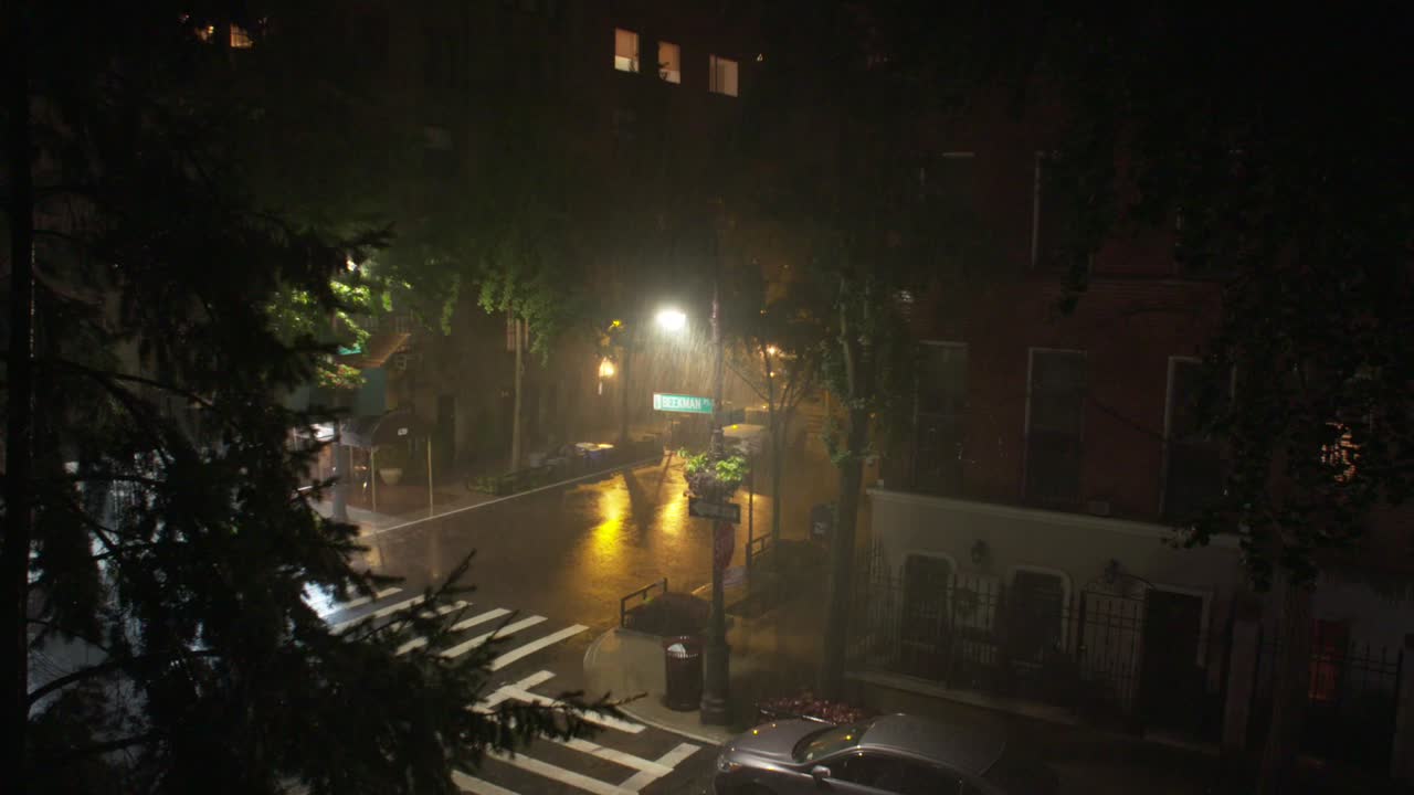 Wide: Downpour at night on Beekman Place, New York City.