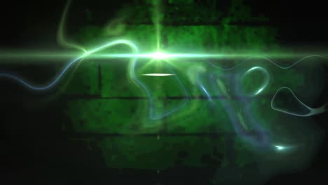 animación de senderos de luz azul y verde brillantes sobre una pared de ladrillo