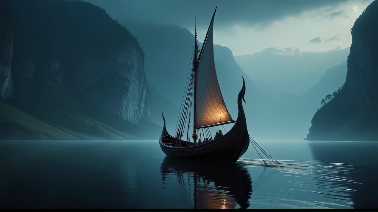 Viking longship navigating tranquil fjord waters, surrounded by mountainous landscape under twilight sky, lantern glowing softly onboard, creating atmospheric Nordic scene