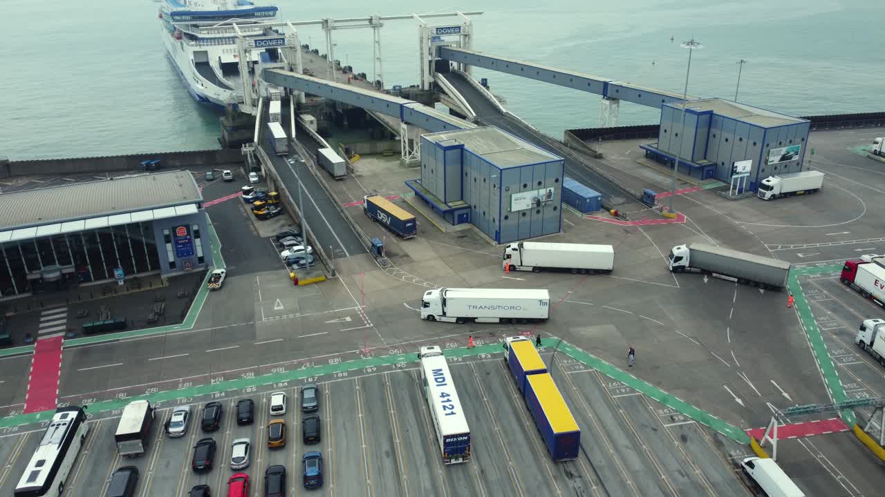 Ferry Terminal with Trucks and Vehicles