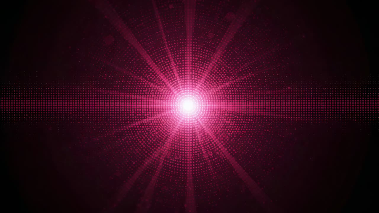 Flashing magenta core sparking centered star pulsing, creating flare on black field, halftone band