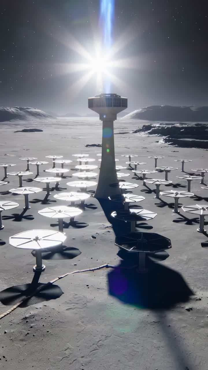 Vertical video: Zooming camera framing tower on lunar plain, highlighting tower, arrays and sunbeam