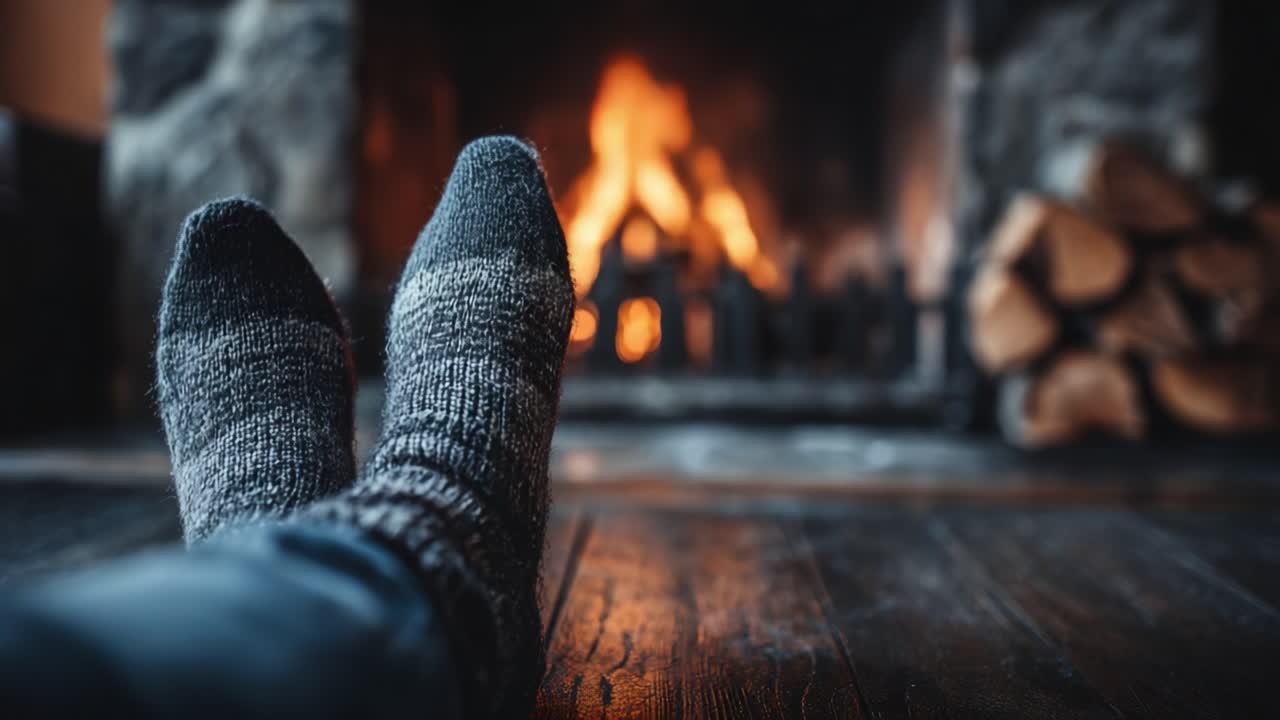 Cozy Winter Retreat: A Relaxing Evening by the Fireplace with Warm Socks Keeping Feet Toasty and Comfortable in a Charming Rustic Setting