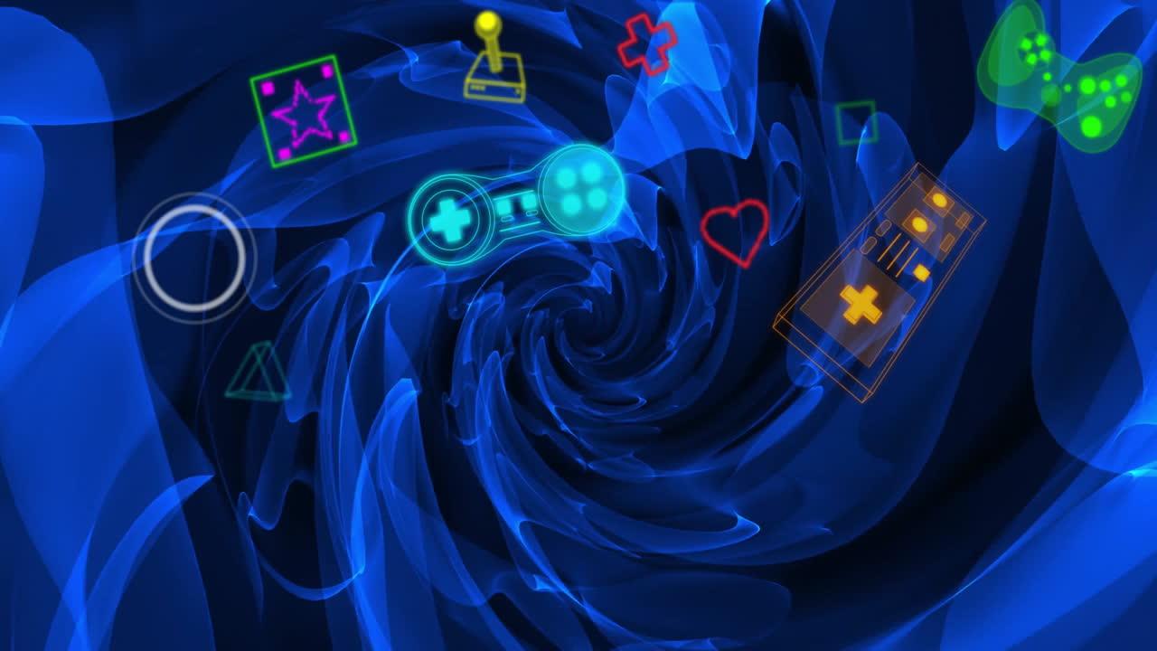 Animation of neon video game icons over neon background