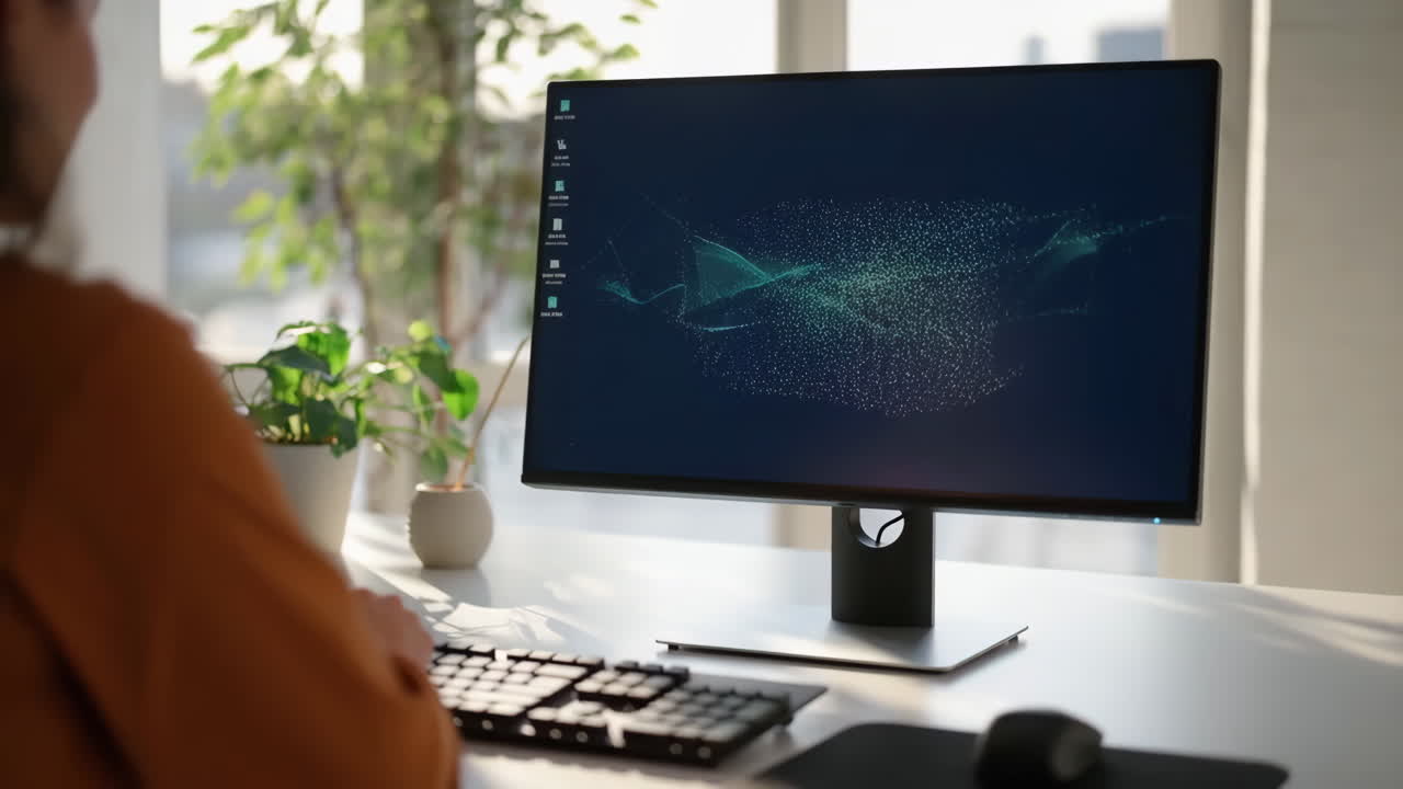 책상 에서 컴퓨터 를 사용 하는 사람