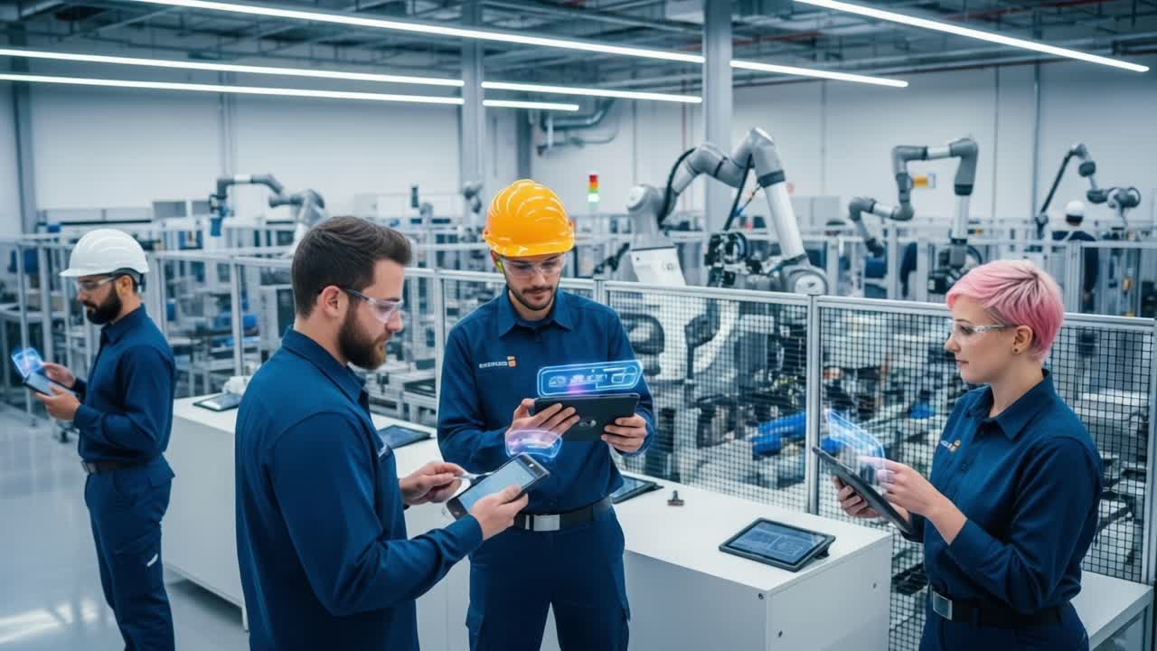 Harnessing Technology: A Team of Engineers Collaborating in a Futuristic Manufacturing Environment with Advanced Robotics and Smart Devices for Enhanced Productivity