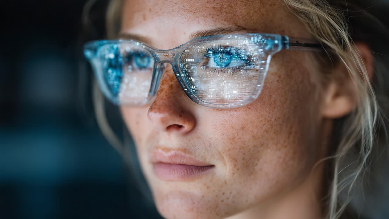Un retrato de primer plano de una mujer con gafas elegantes que reflejan una pantalla digital vibrante, mostrando intensos colores azules y patrones intrincados en sus gafas.