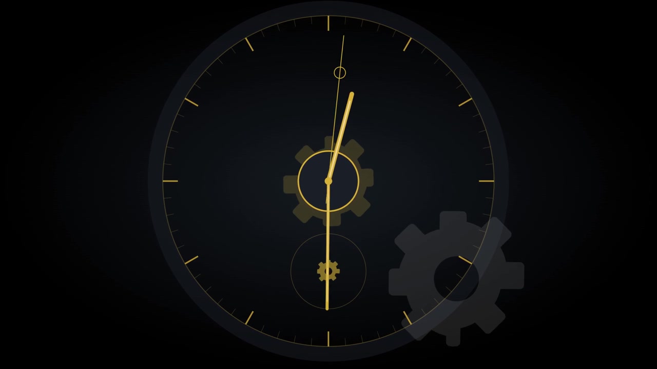 Quadrante animato dell'orologio con ingranaggi rotanti e lancette in movimento
